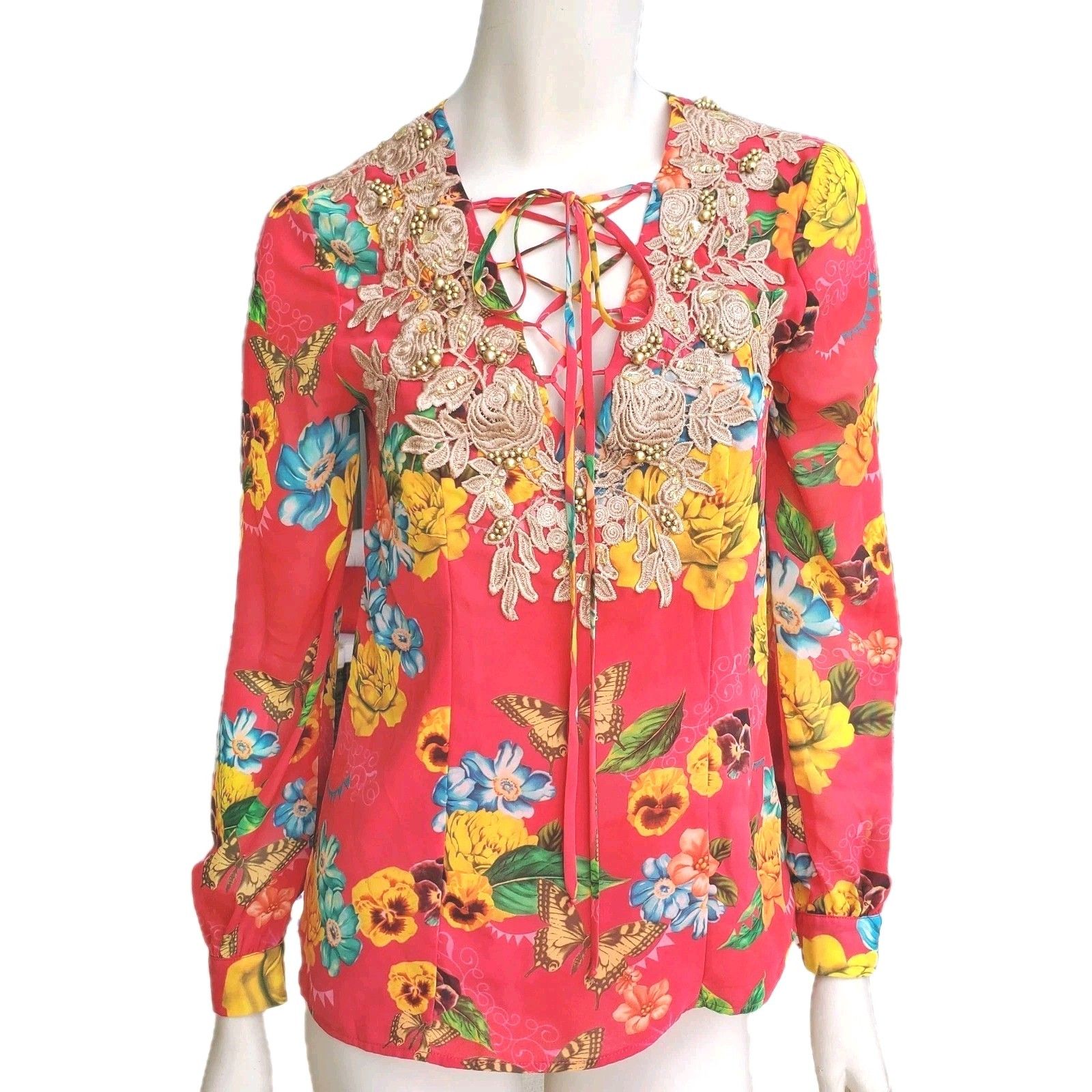 Patbo Embroidered Floral Button Front Blouse Shirt Rose Pink Small